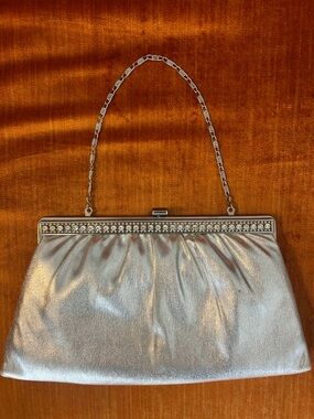 Vintage 1970s  HL USA Silver Evening Clutch Chain Bag with Rhinestone Frame